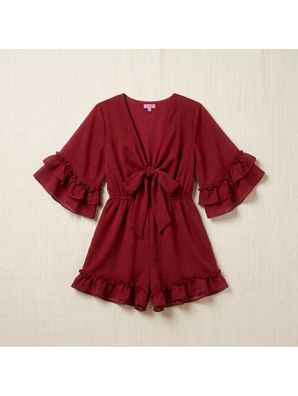 Women's Burgundy Ruffle Sleeve Tie Front Romper | Deep V | Size S